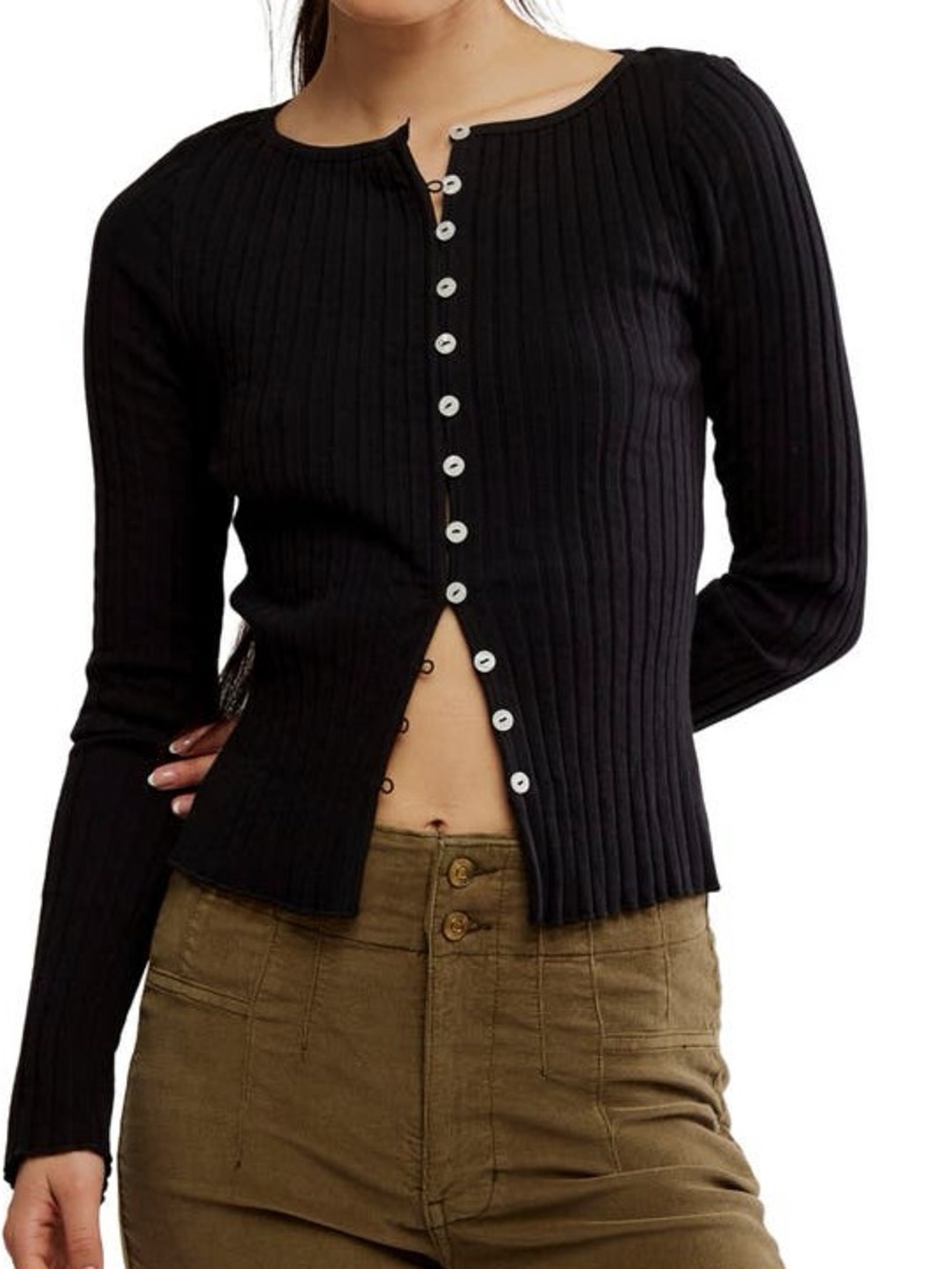 Free People Tilly Ribbed Button Front Top Size M Black Long Sleeve